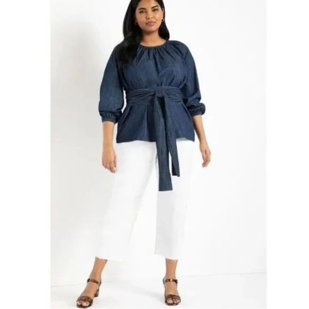 Eloquii Blue Chambray Denim Tie Waist 3/4 Balloon Sleeve Pullover Top 18 NWT